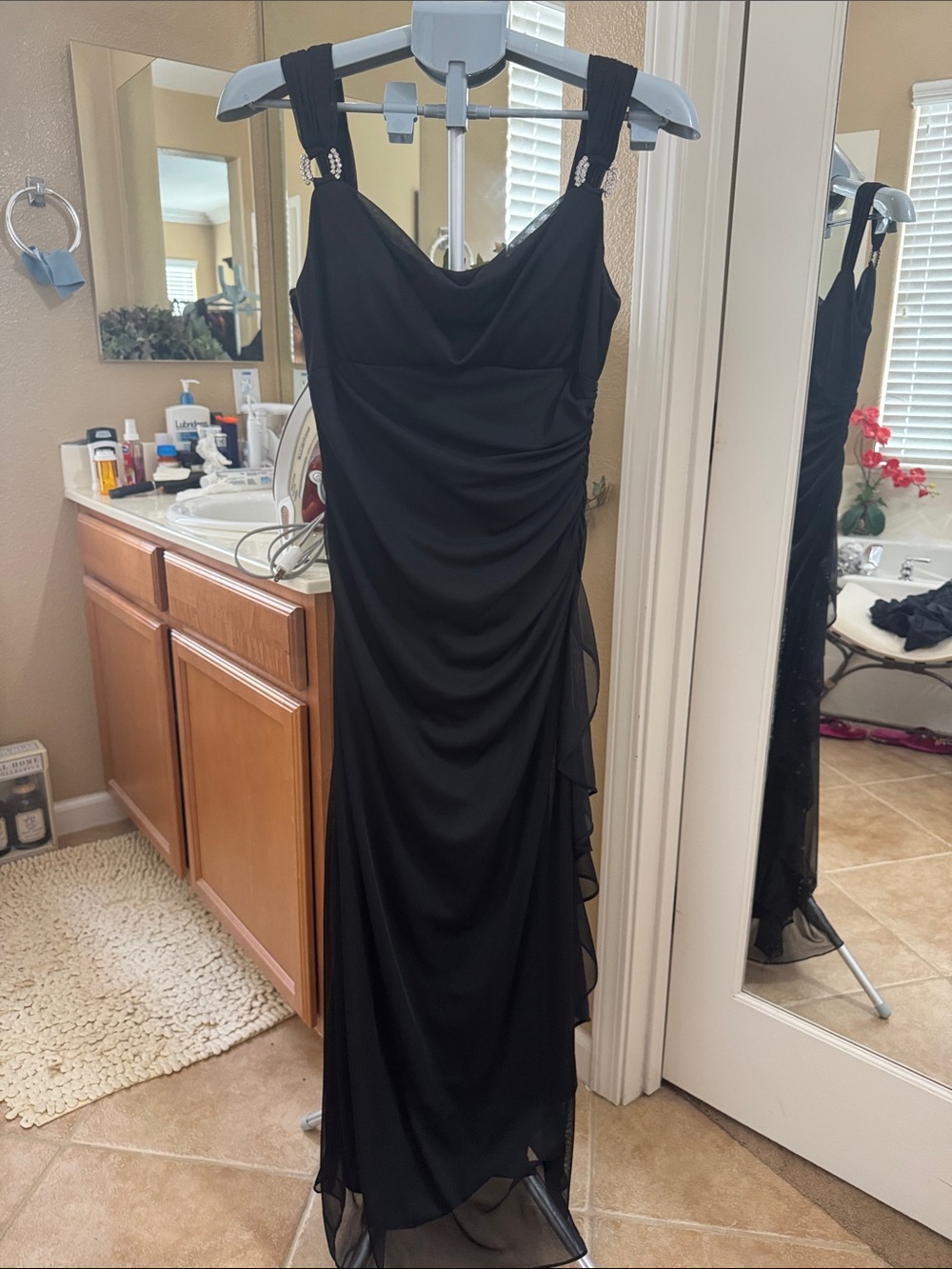 Betsy & Adam Black Ruched Maxi Dress with Crystal-Strap Accents